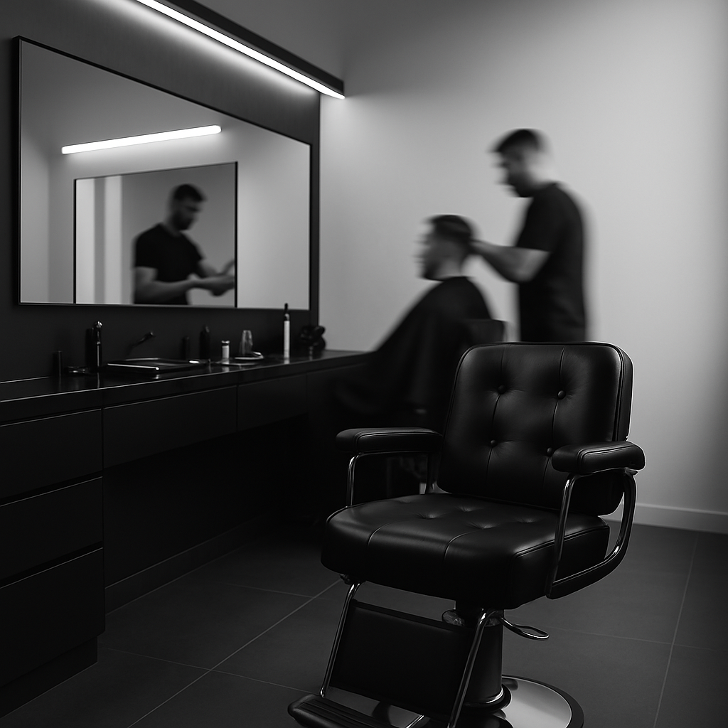 Modern clean barber shop interior with polished stations and professional barbers