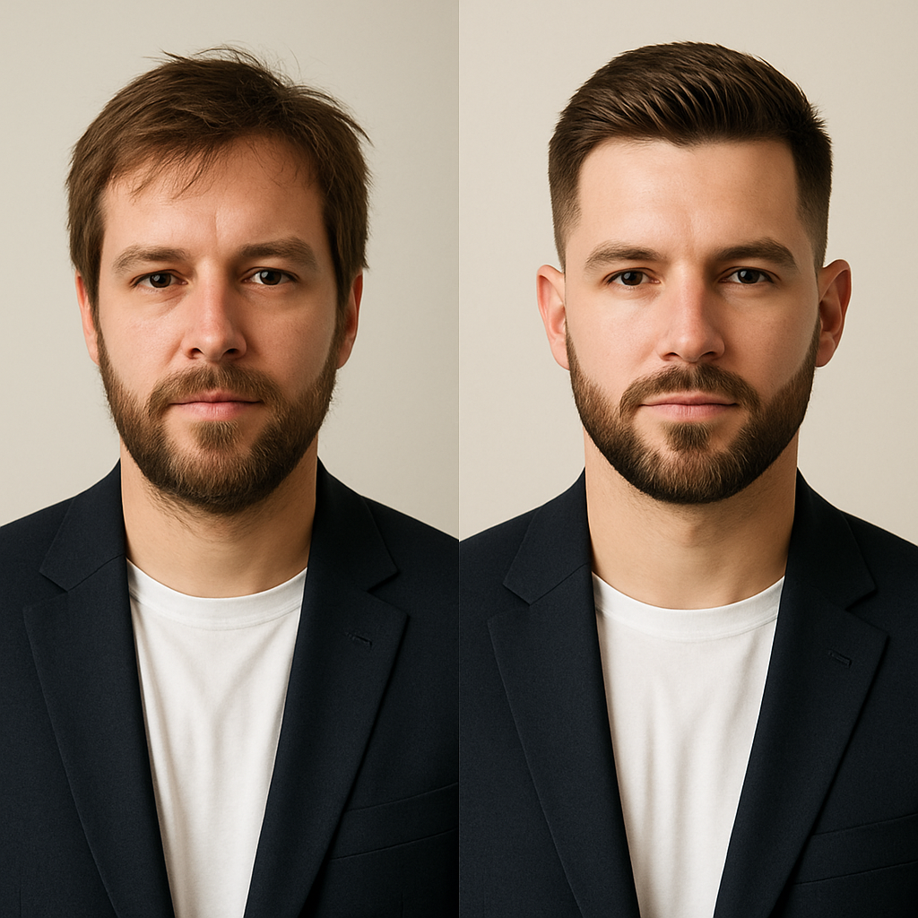 Before and after fresh haircut and beard trim on confident man with clean background