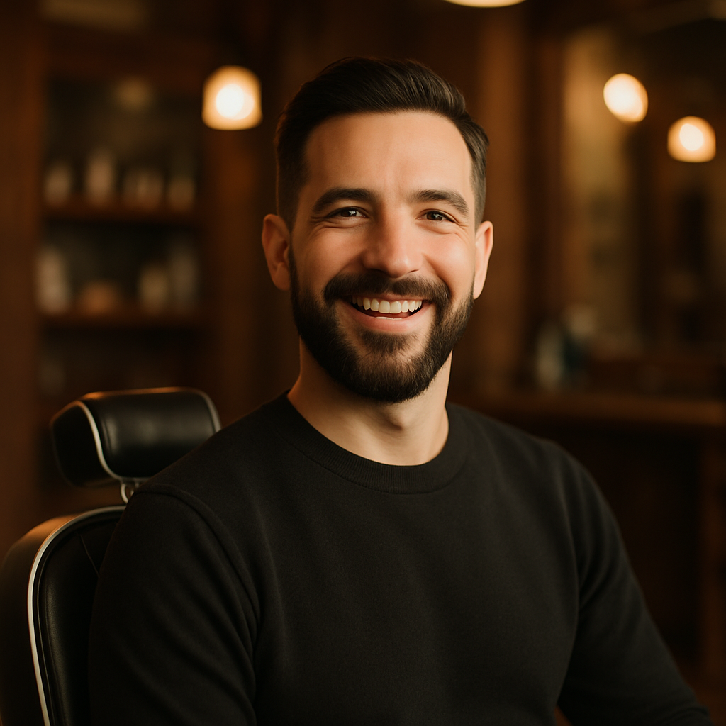 Happy male client smiling after grooming in warm barber shop environment