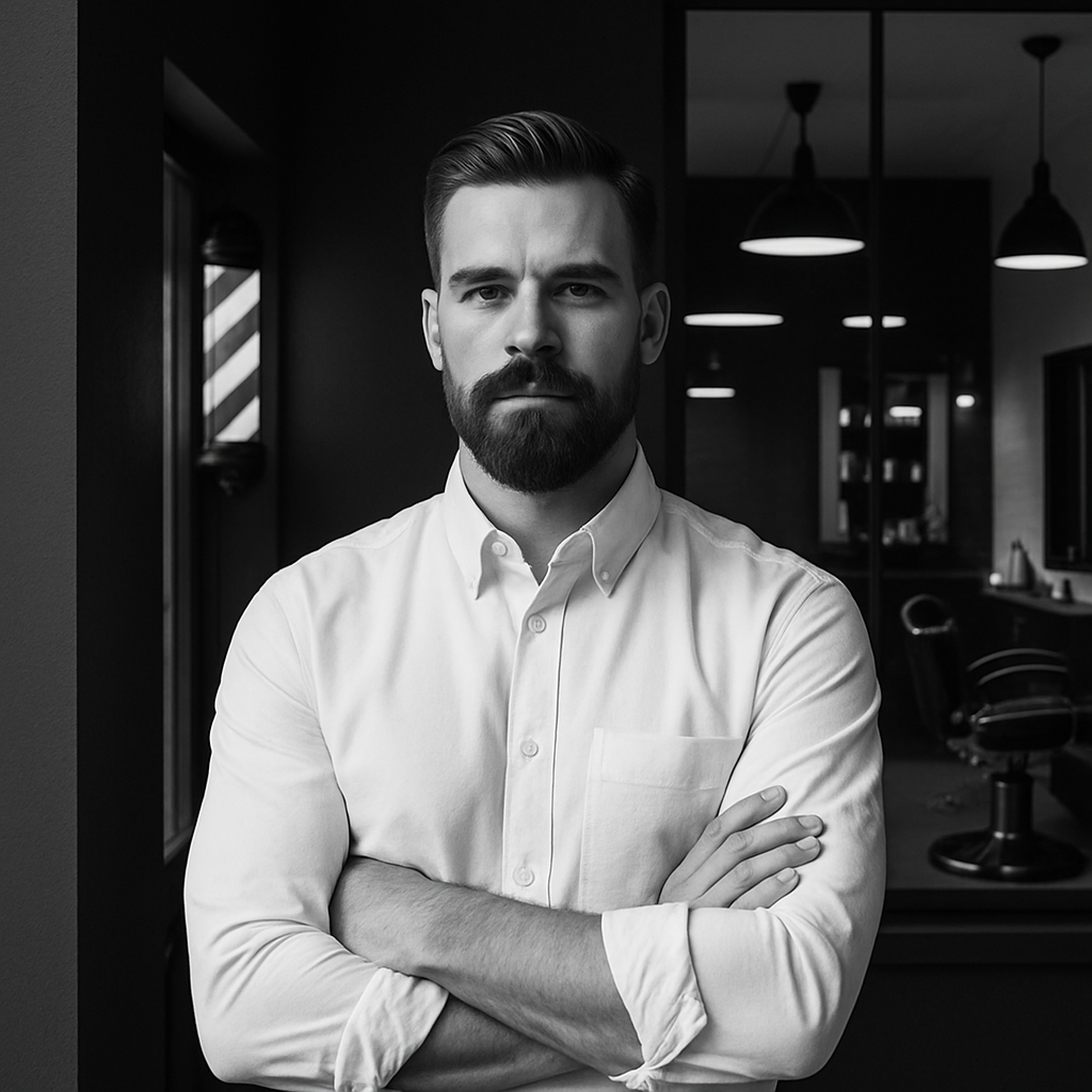 Confident man in modern barber shop with black and white minimalist style, professional masculine atmosphere