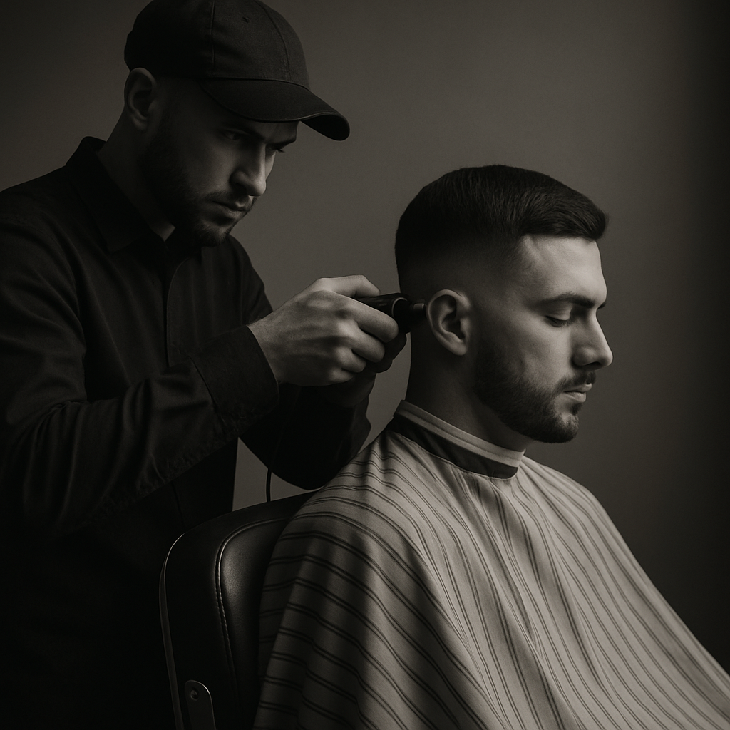 Barber giving precise fade haircut on male client in stylish chair with soft lighting